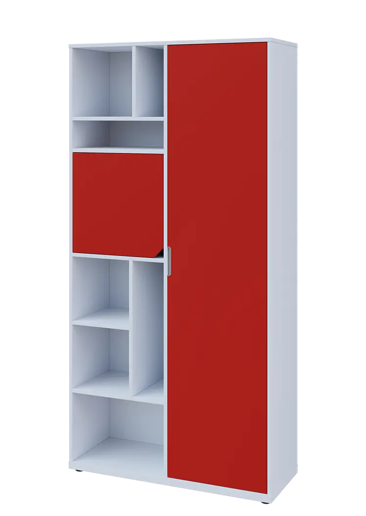 KSR6-83 P skříň šatní, 1x výsuvné ramínko, dvířka, niky, 2053x1022x400 mm, provedení pravé, bílá sněžná/červená